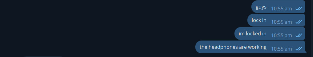 Telegram chat snippet of us brainstorming then deciding to lock in.