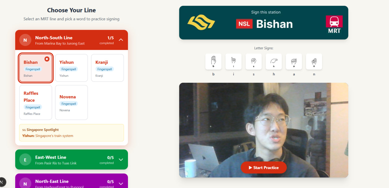 App screenshot showing MRT line selection and station spelling flow.